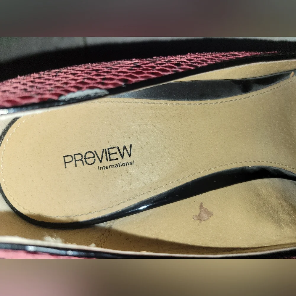 Preview International Leather‎ Red Black Snakeskin Peep Toe Heels Sz 11
